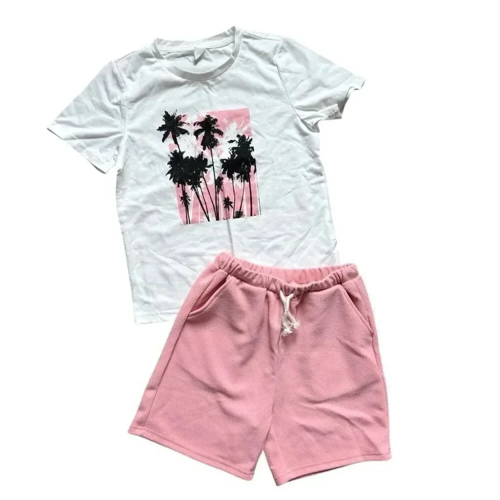 New Shein Youth Boys Tropical Print Graphic Tee & Drawstring Shorts Outfit Sz 7